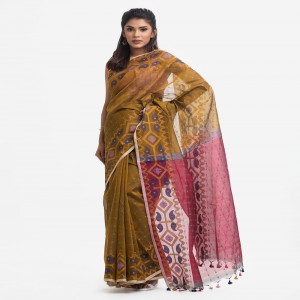Olive & Maroon Half-silk Saree